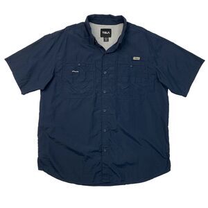 TSLA Shirt Mens L Large Navy Button Down Short Sleeve Vented Performance Fishing